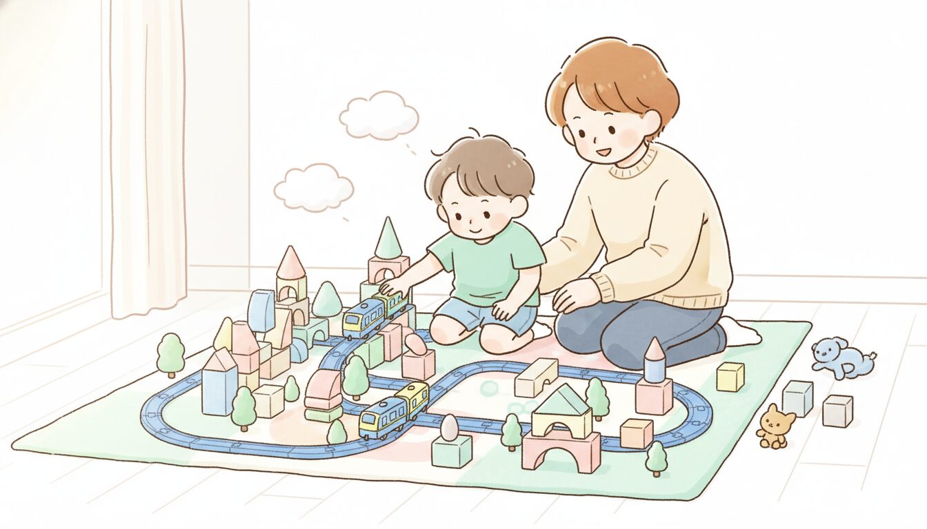 積み木やブロックで作った街にプラレールの線路を組み合わせて親子で遊ぶ温かいリビングの様子