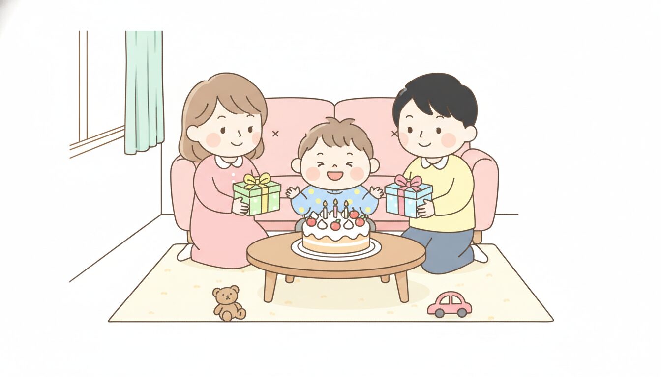 誕生日ケーキの前で笑顔の3歳の子どもとプレゼントを差し出す両親、温かみのあるリビング