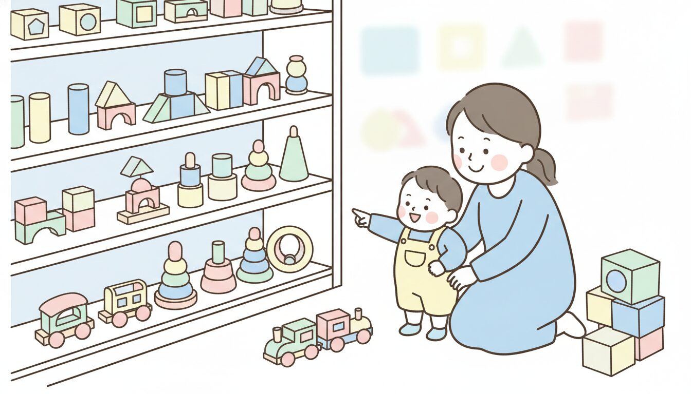 カラフルな木製ブロックや知育玩具が並ぶおもちゃ売り場でプレゼントを選ぶ親子