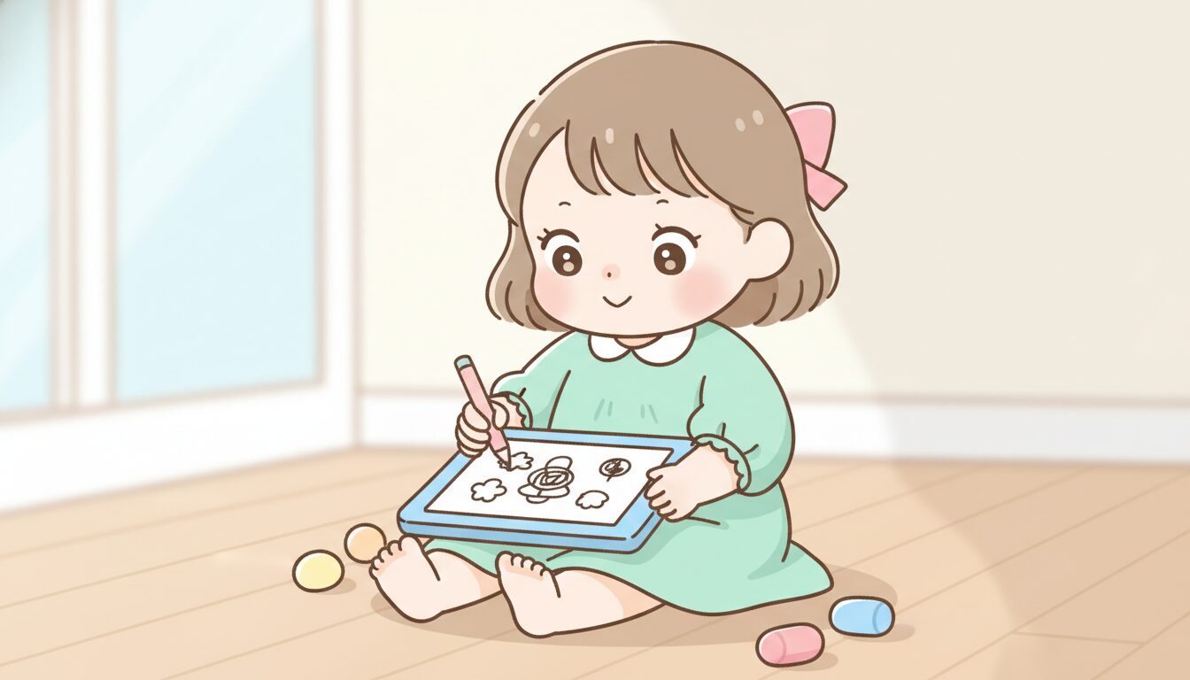 床に座ってお絵かきボードに夢中で絵を描く3歳の女の子