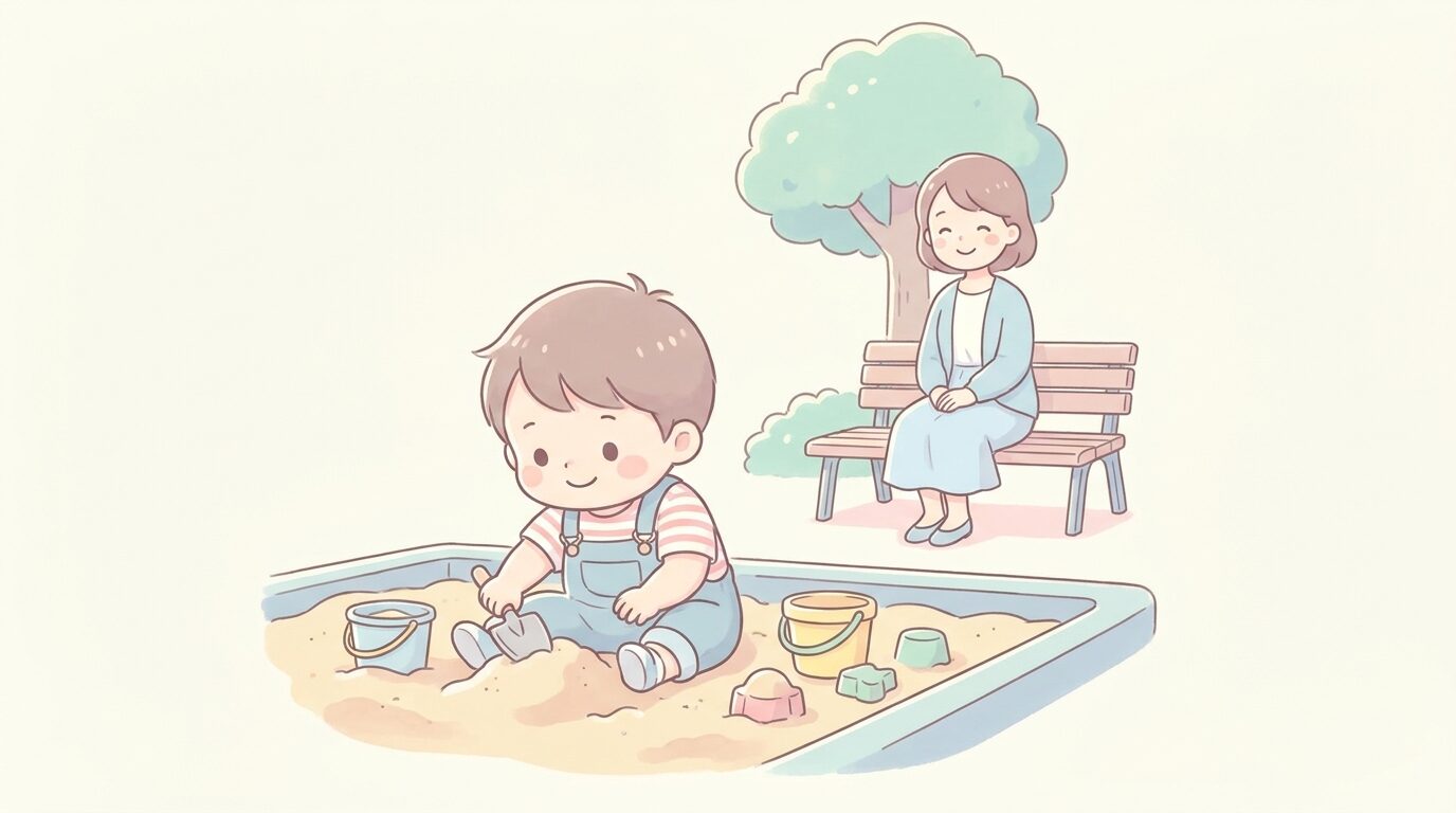 公園の砂場で一人で夢中になってスコップで遊ぶ3歳くらいの男の子と、少し離れて見守る母親