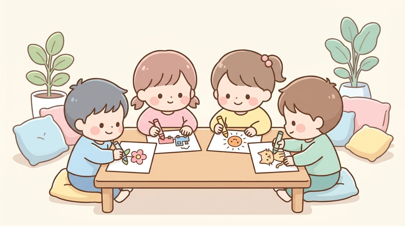 室内で複数の3歳児が同じテーブルでお絵描きをしているが、それぞれが別々の絵を描いている様子