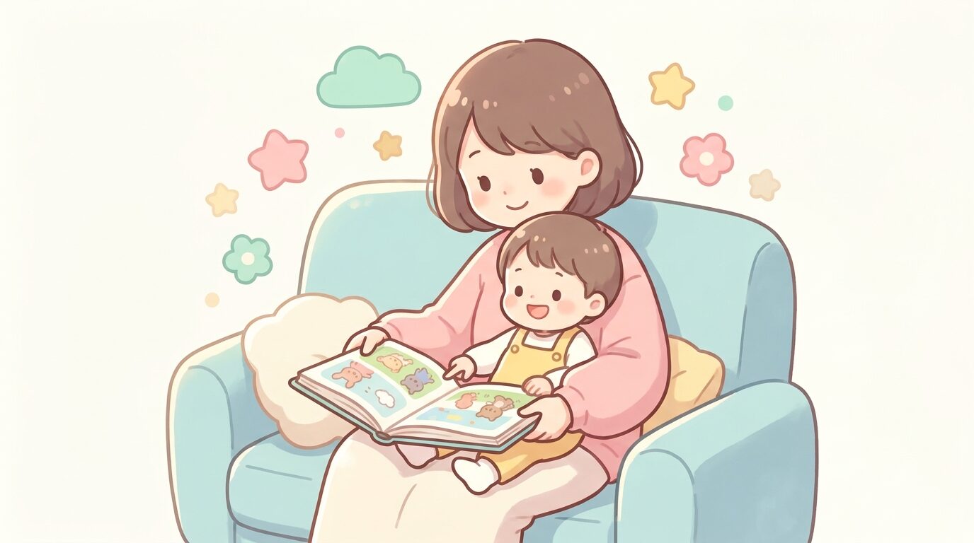 ソファで母親が3歳の子どもを膝に乗せて絵本を読み聞かせている温かい家庭のシーン