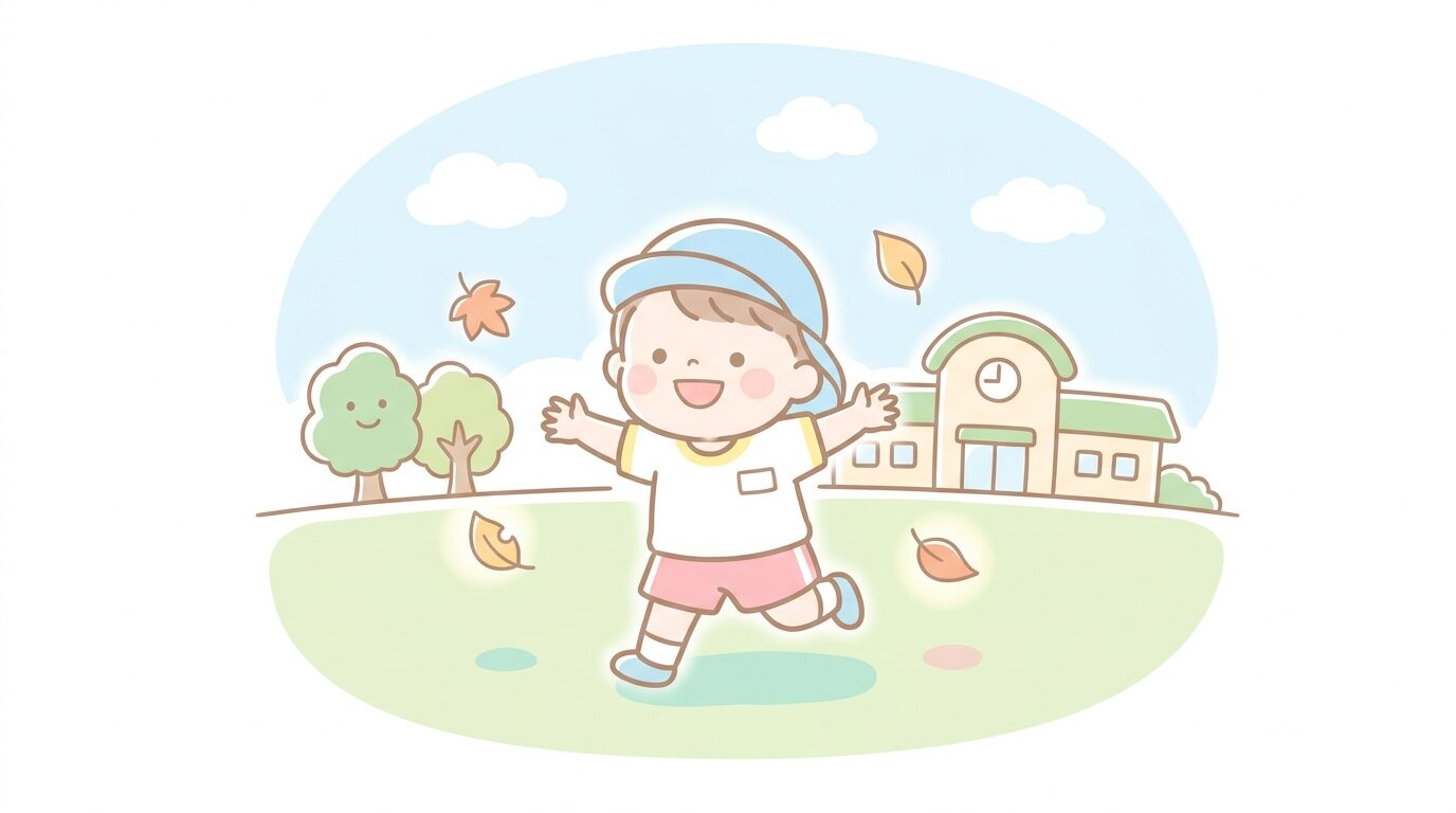 秋晴れの保育園の園庭で、体操服を着た3歳くらいの子どもが笑顔でかけっこをしている様子