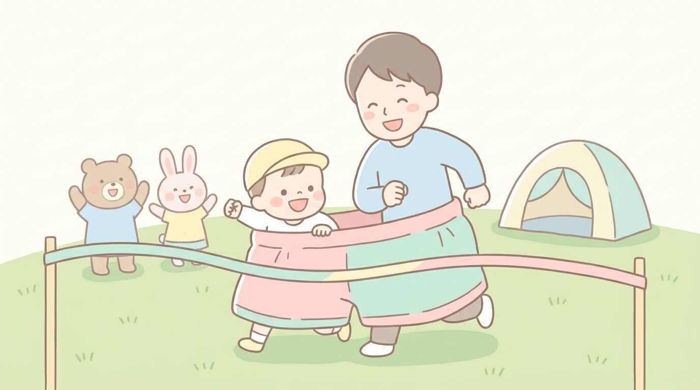 保育園の運動会で親子がデカパン競争に挑戦し、笑い合いながらゴールを目指す微笑ましいシーン