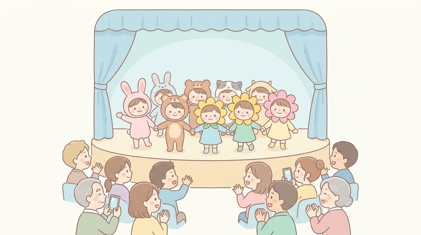 保育園の発表会の舞台で、衣装を着て笑顔で手をつなぐ3歳児たちと、客席から温かく見守る保護者たち