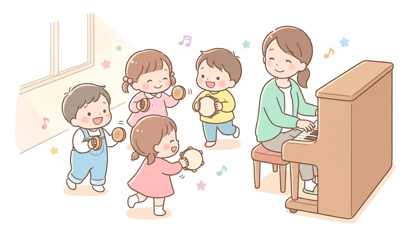 カスタネットやタンバリンを手に持ち、先生のピアノに合わせて楽しそうに合奏する3歳児クラスの子どもたち