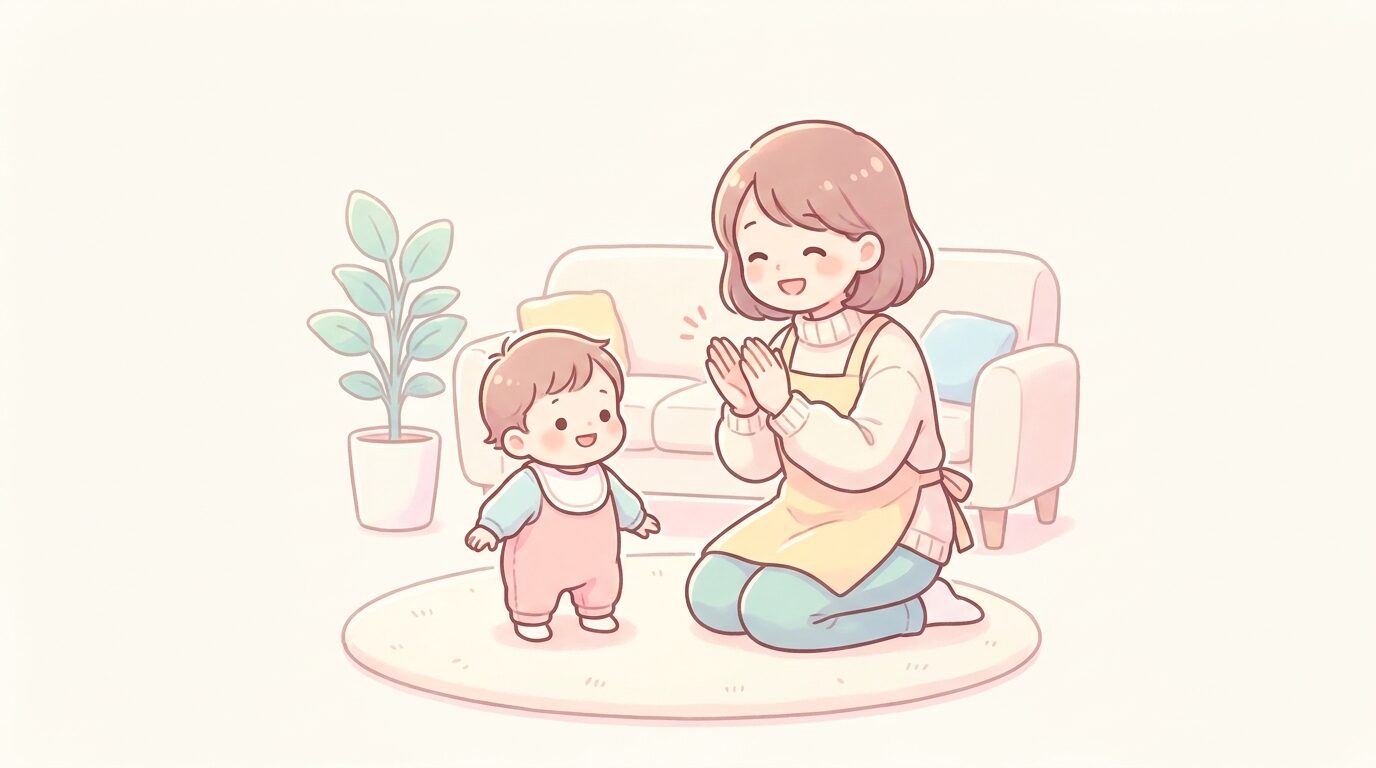 リビングで子どもと向き合い、笑顔で発表会の練習を見守りながら手拍子をする母親