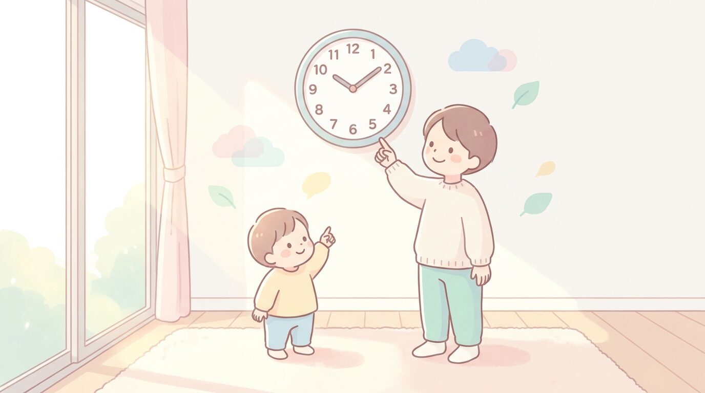 リビングの大きなアナログ時計を指さして親子で笑顔で見上げている様子、朝の柔らかい光が差し込む温かい雰囲気