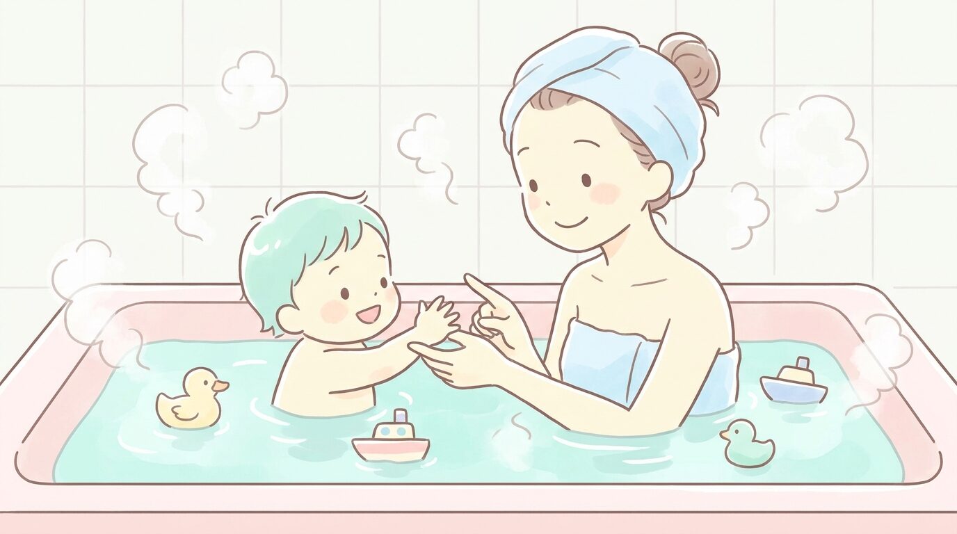 お風呂で指を折りながら数を数えて遊ぶ親子、湯気の立つあたたかいバスタイムの様子