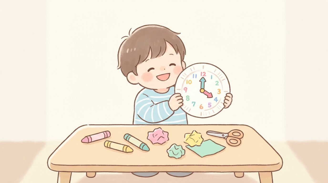 紙皿で手作りした時計を持って嬉しそうに見せる3歳くらいの子ども、机の上にクレヨンや色紙が散らばっている