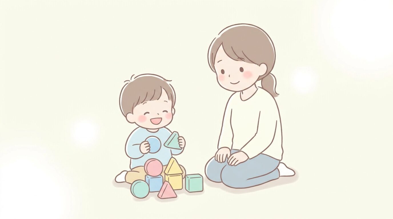 カラフルな積み木を手に取りながら笑顔で遊ぶ3歳くらいの子どもと見守る母親