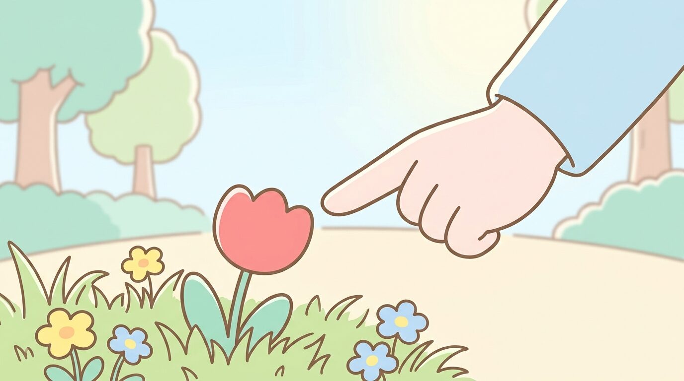 お散歩中に公園の赤い花を指さして子どもに話しかける親の手元