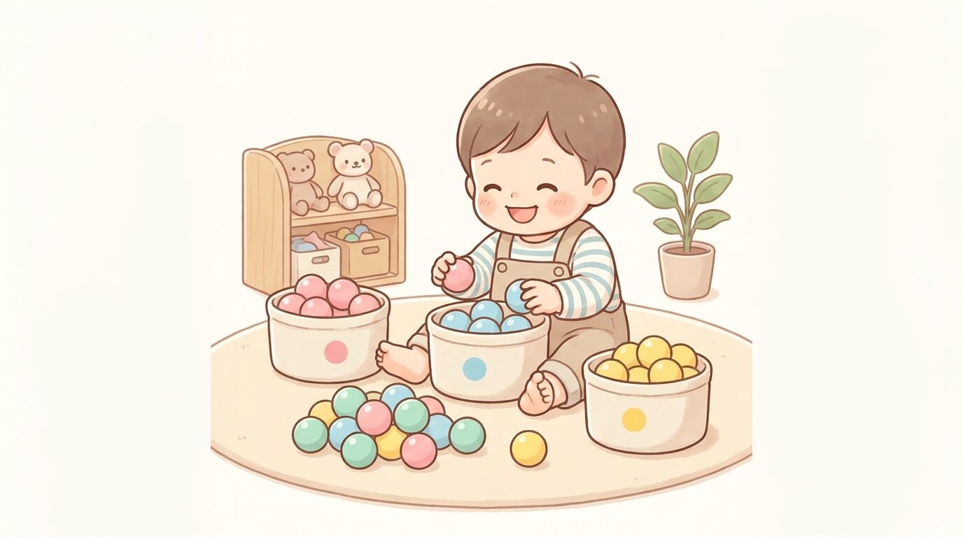 床に座ってカラフルなボールを色ごとに仕分けて遊ぶ幼児