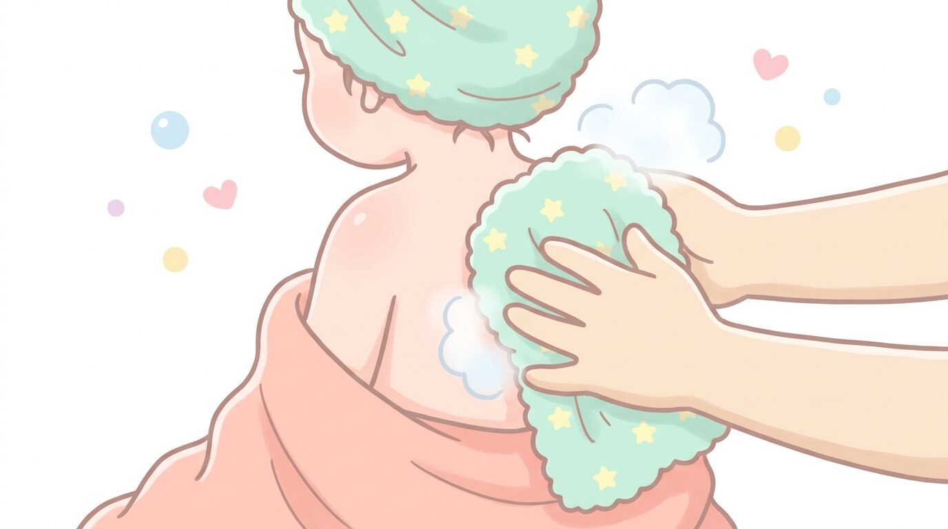 お風呂上がりにバスタオルで子どもの体を優しくポンポンと拭いてあげる親の手元