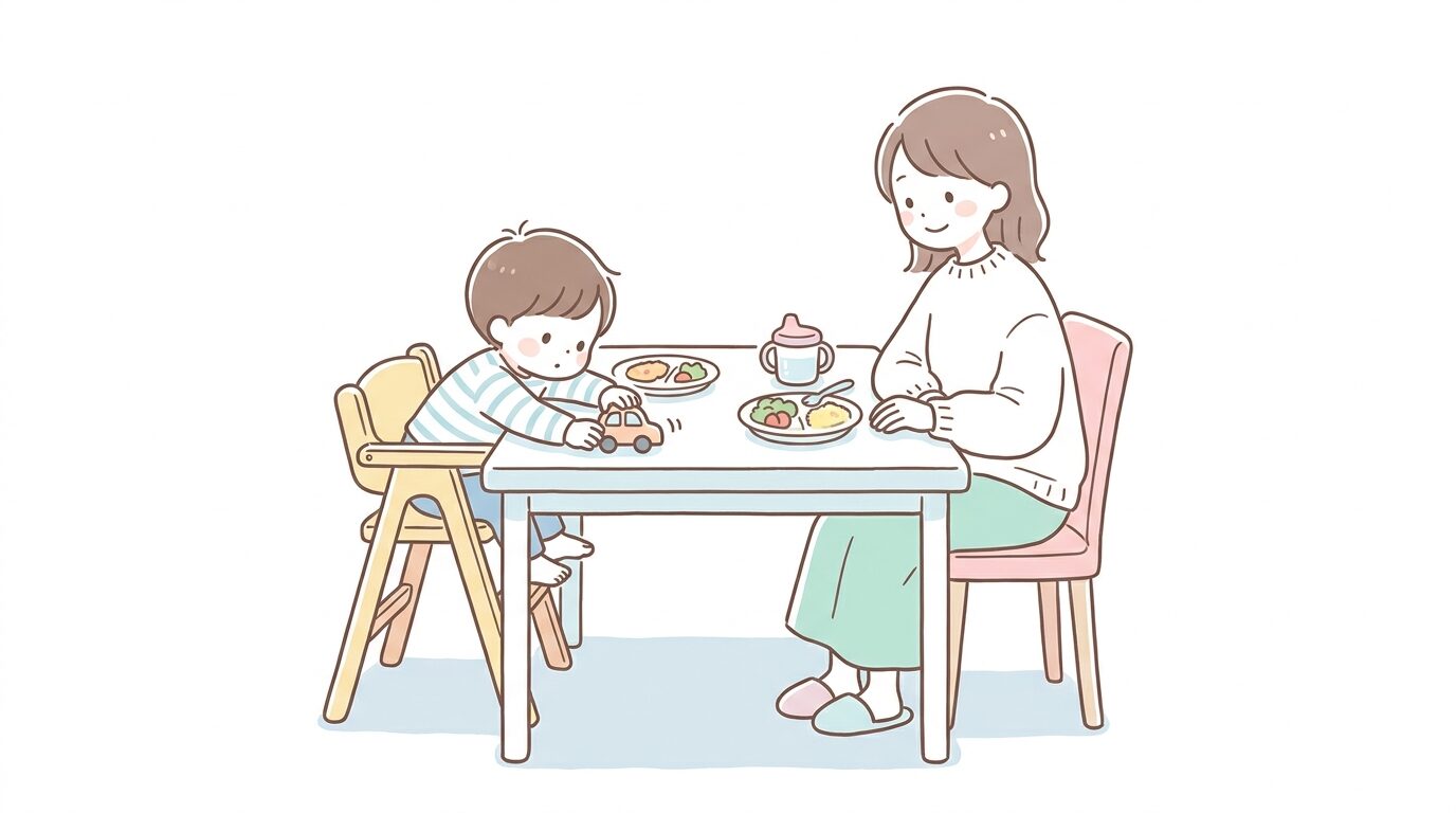 ダイニングテーブルで椅子から身を乗り出して遊びながら食事をする3歳くらいの子どもと、優しく見守る母親