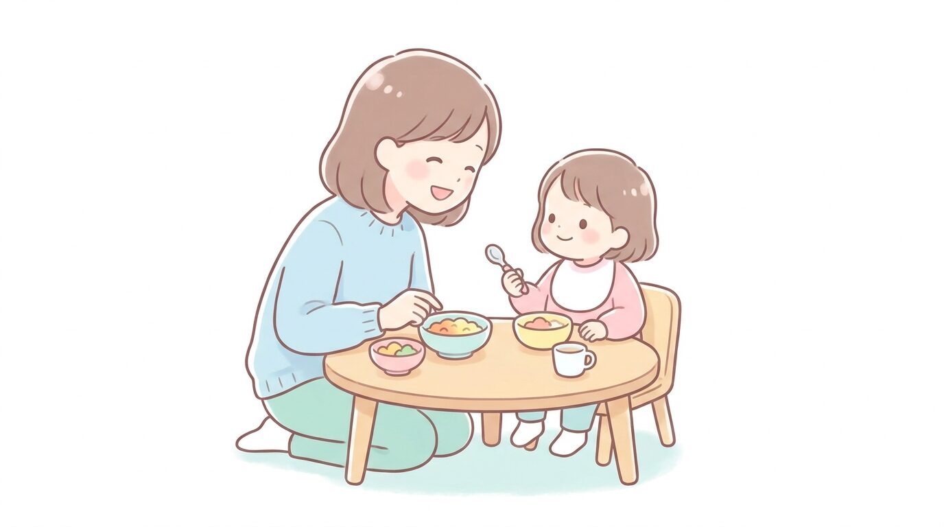 食卓で子どもと目線を合わせて笑顔で話しかけている母親と、スプーンを持った3歳児