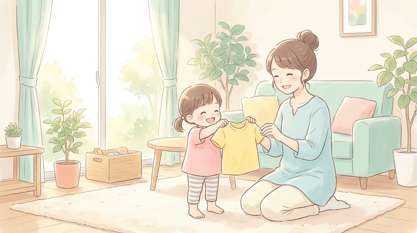 リビングで母親と一緒に笑顔で着替えの練習をする3歳くらいの女の子、朝の柔らかい光が差し込む温かい雰囲気