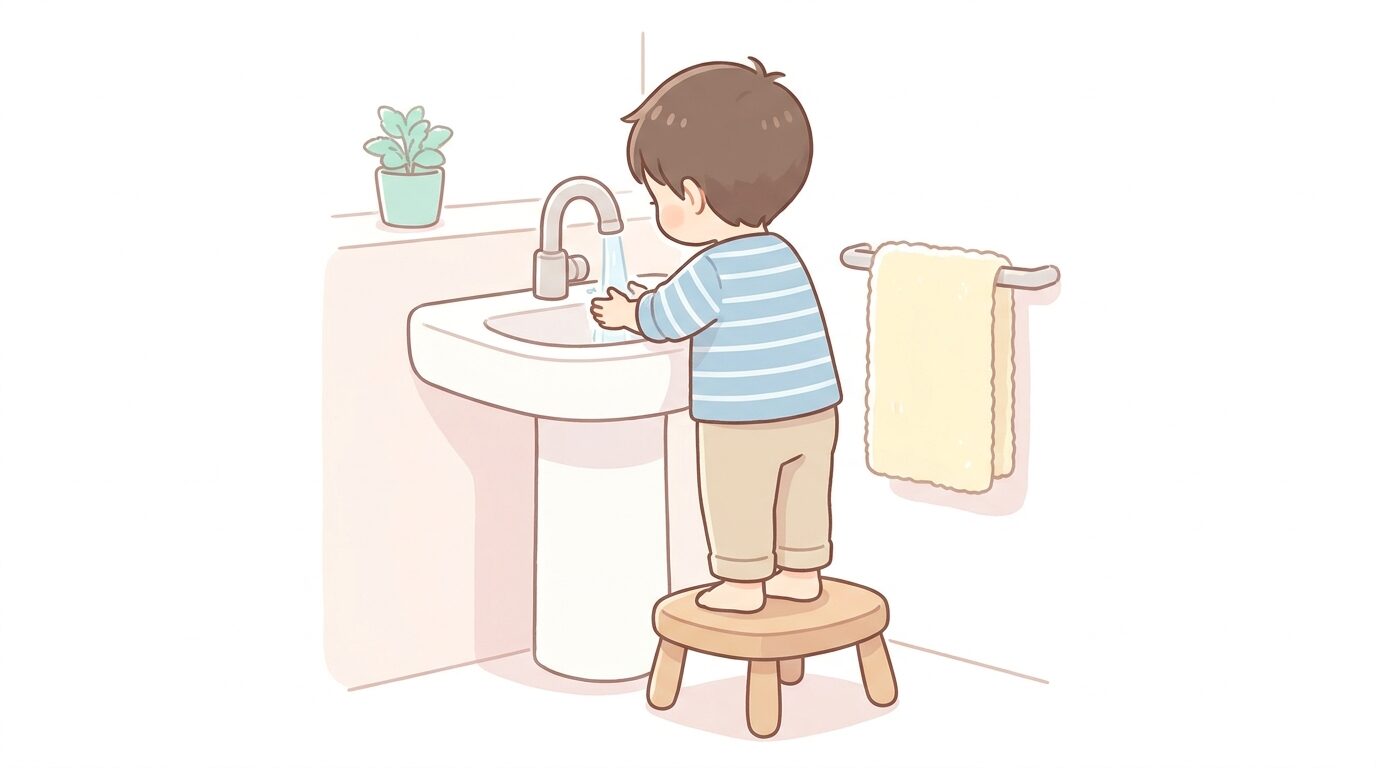 洗面所で踏み台に乗って一生懸命に手を洗う3歳くらいの男の子の後ろ姿