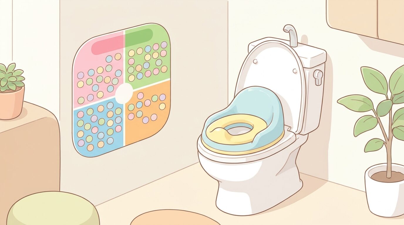 子ども用の補助便座が置かれた明るいトイレと、壁にカラフルなトイレトレーニング用のごほうびシール表が貼られている様子