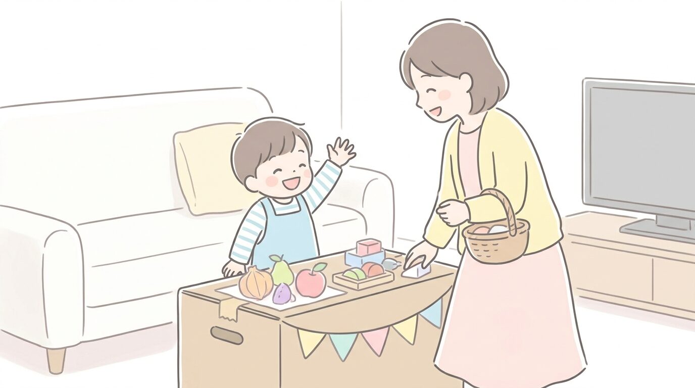 リビングで段ボールのお店カウンター越しに「いらっしゃいませ」と笑顔で手を振る3歳の子どもと、お客さん役の母親