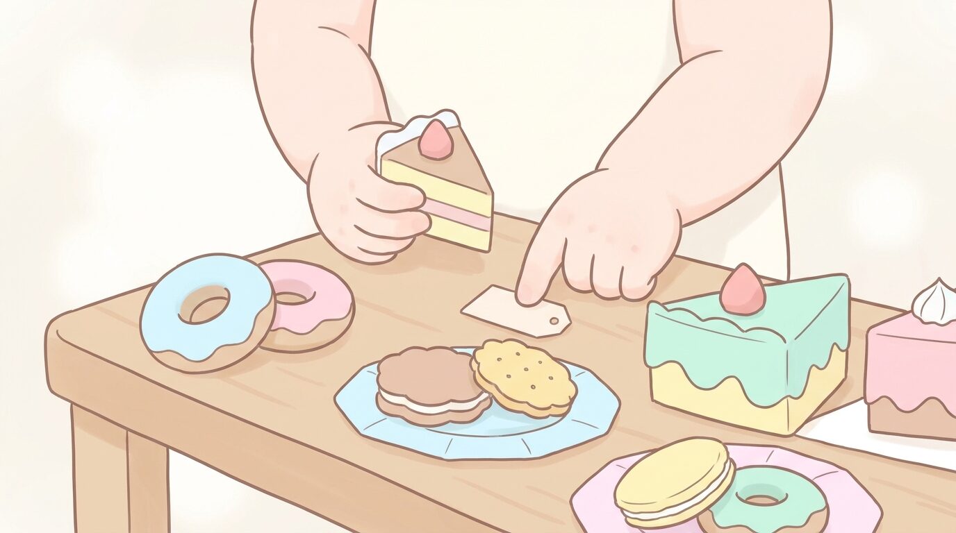 折り紙や画用紙で作ったケーキやドーナツを小さなテーブルに並べ、真剣な表情で値段を考えている3歳児の手元