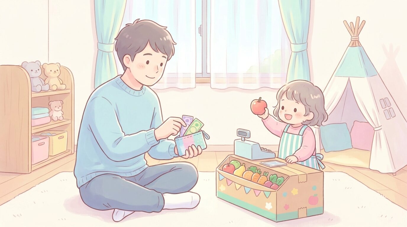 子ども部屋の床にすわり、お客さん役になって手作りのお財布からおもちゃのお金を出している父親と、店員役の子ども