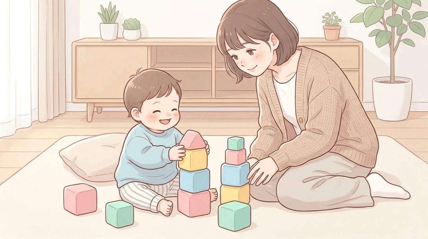 リビングの床にカラフルな大きめブロックを広げて夢中で遊ぶ3歳くらいの子どもと、隣で見守る母親の温かい雰囲気