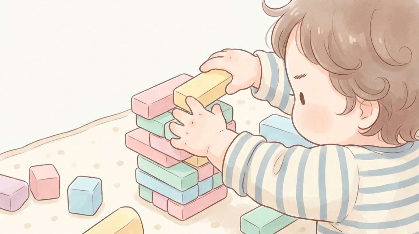 ブロックを高く積み上げてバランスを確かめながら真剣な表情で集中している幼児の手元のクローズアップ