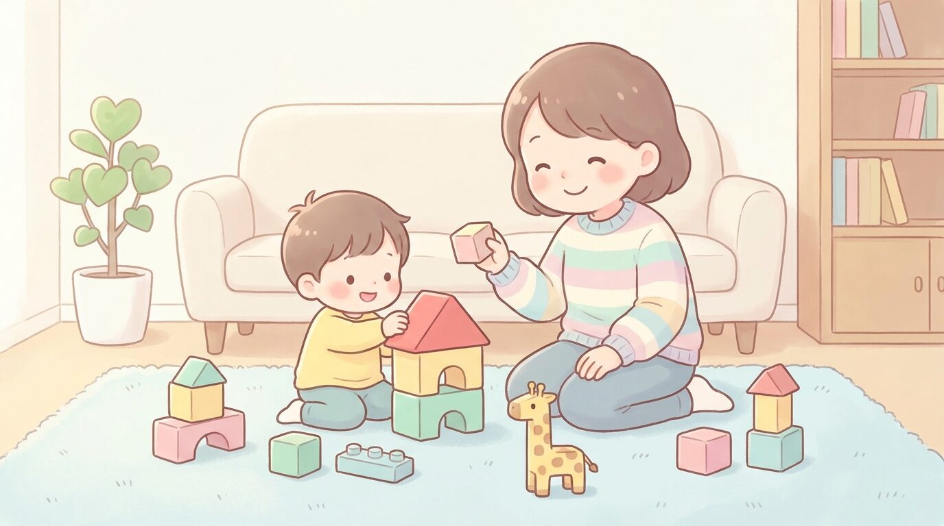 親子でブロックの動物や家を組み立てながら笑顔で会話しているリビングのほのぼのとした様子