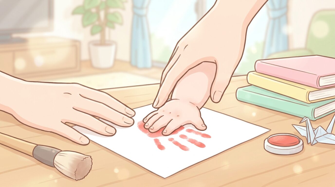 白い画用紙に赤ちゃんの小さな手形を押している親子の手元、明るいリビングで撮影された温かい雰囲気