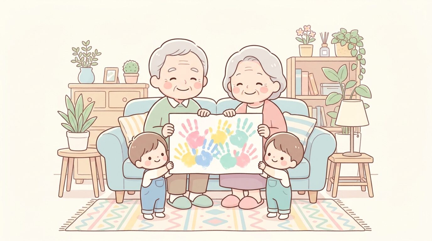 カラフルな絵の具で作った手形アートのカードを笑顔で受け取る祖父母、自宅のリビングでの団らんシーン