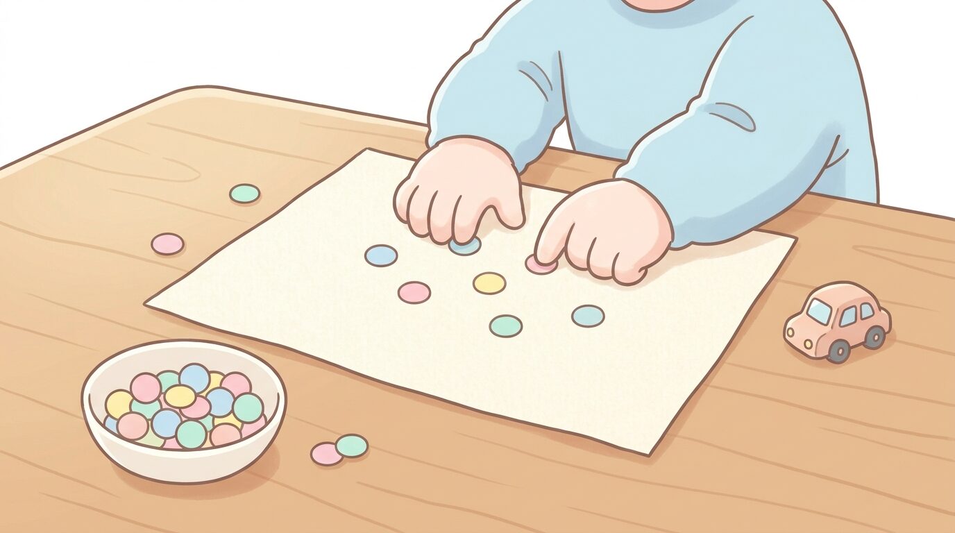 丸いカラーシールを画用紙に貼って遊ぶ1歳児の手元、木製テーブルの上で集中している様子