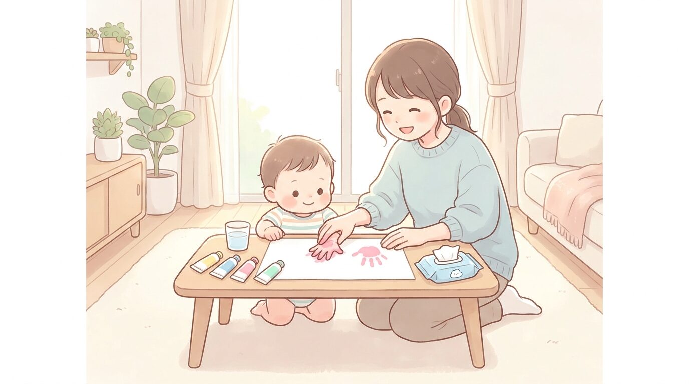 リビングで母親と一緒に画用紙に手形を押している笑顔の1歳児、机には絵の具とウェットティッシュが並んでいる