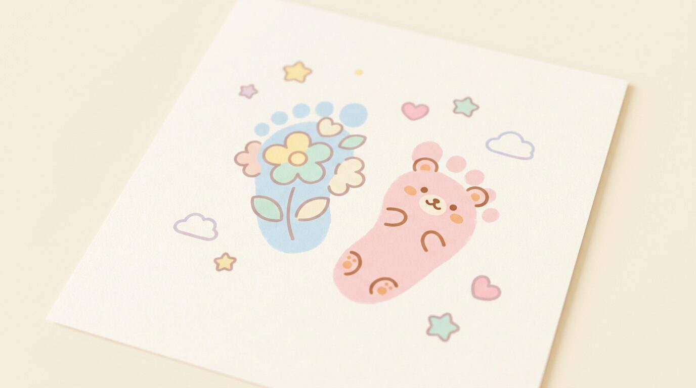 白い画用紙に押されたカラフルな赤ちゃんの足形を、花や動物に見立てて飾り付けたおしゃれな手形アート作品のアップ