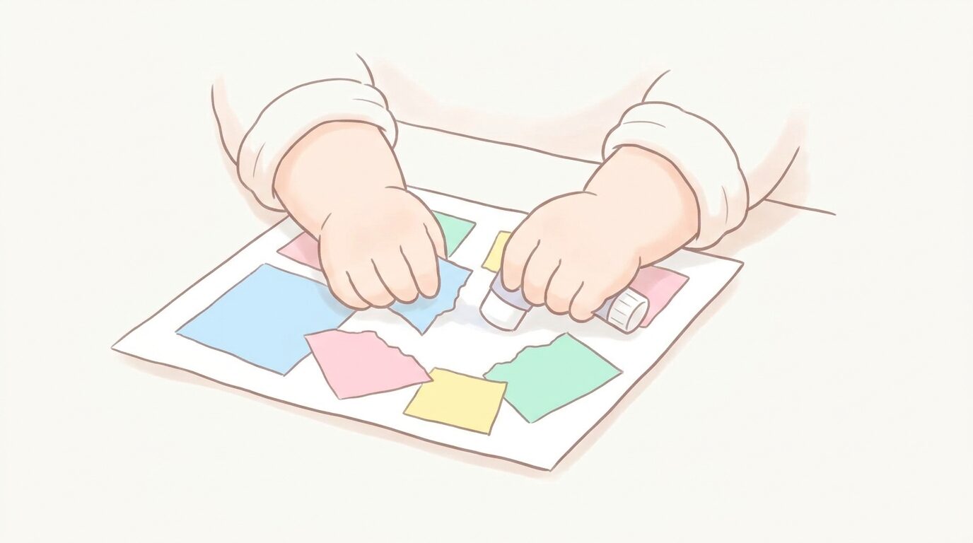 色紙をちぎって台紙に貼り付けるちぎり絵に集中して取り組む3歳くらいの子どもの手元