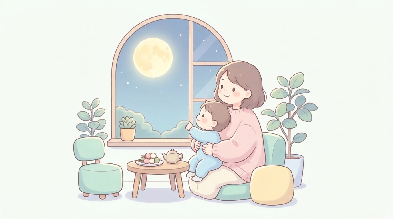 窓辺で母親と1歳くらいの子どもが一緒に満月を見上げているあたたかい雰囲気の室内シーン