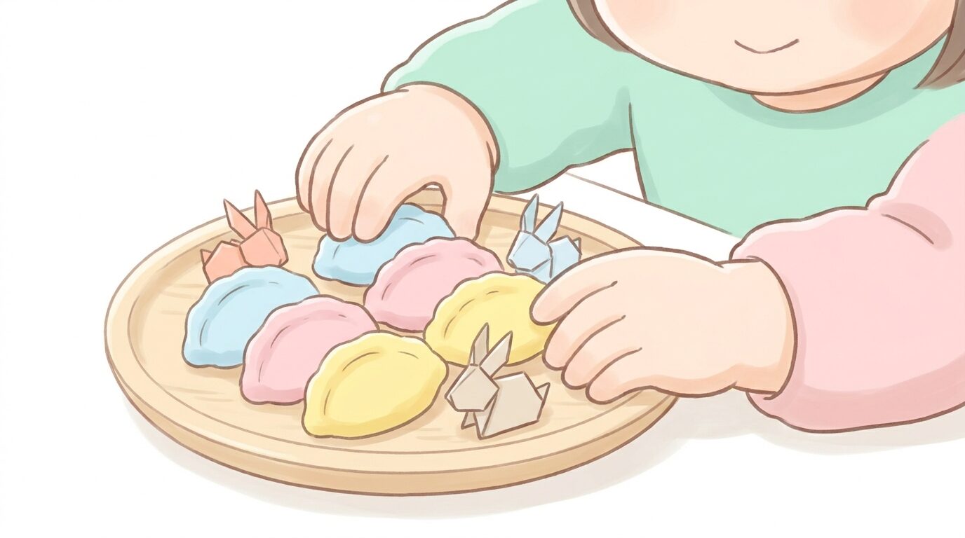 小麦粉粘土や折り紙で作った手作りのお月見団子とうさぎを楽しそうに並べる幼児の手元
