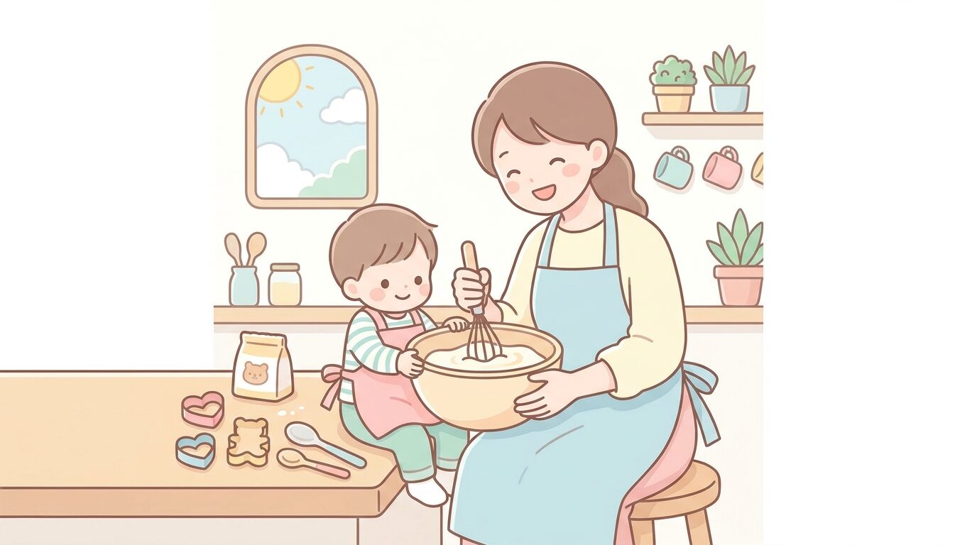 エプロンを着けた母親と1歳くらいの幼児が一緒にボウルを混ぜて手作りお菓子を楽しんでいる明るいキッチンの様子