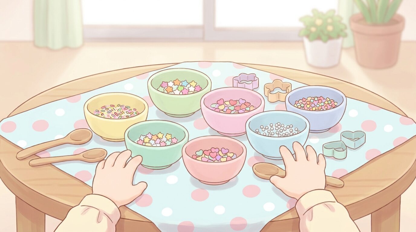 テーブルにシートを敷き、カラフルなトッピングシュガーやアラザンを小皿に分けて並べた手作りお菓子の準備風景