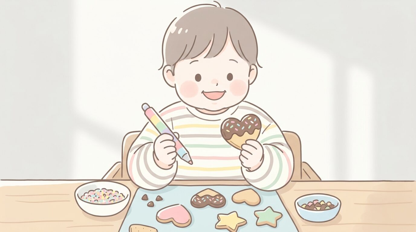 2〜3歳の子どもがチョコペンやカラースプレーで型抜きチョコをデコレーションして満足そうに笑っている様子