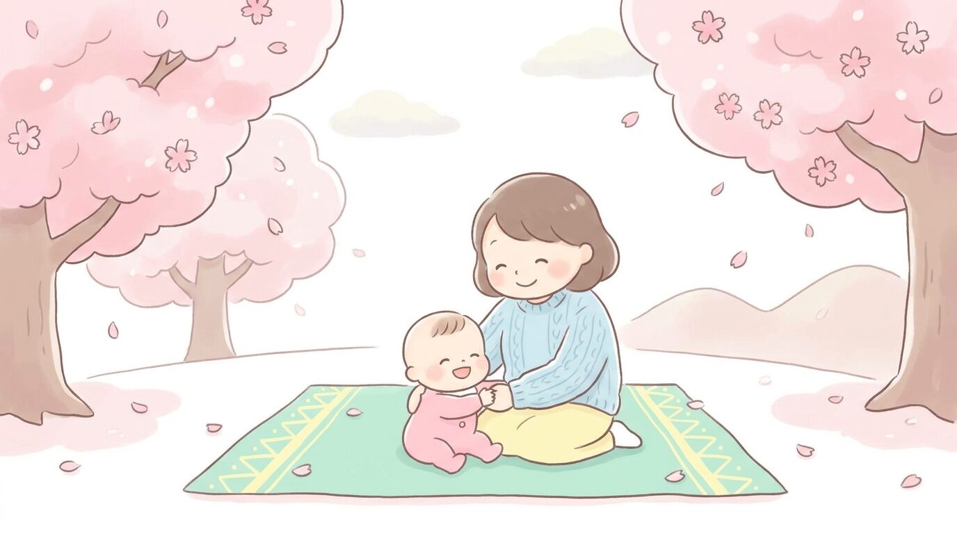 満開の桜の下でレジャーシートに座り、桜を見上げて笑顔を見せる赤ちゃんと寄り添う母親