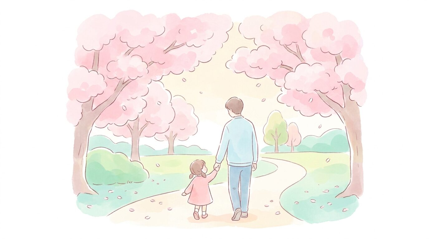 広々とした公園の桜並木の下を、手をつないでお散歩する親子の後ろ姿