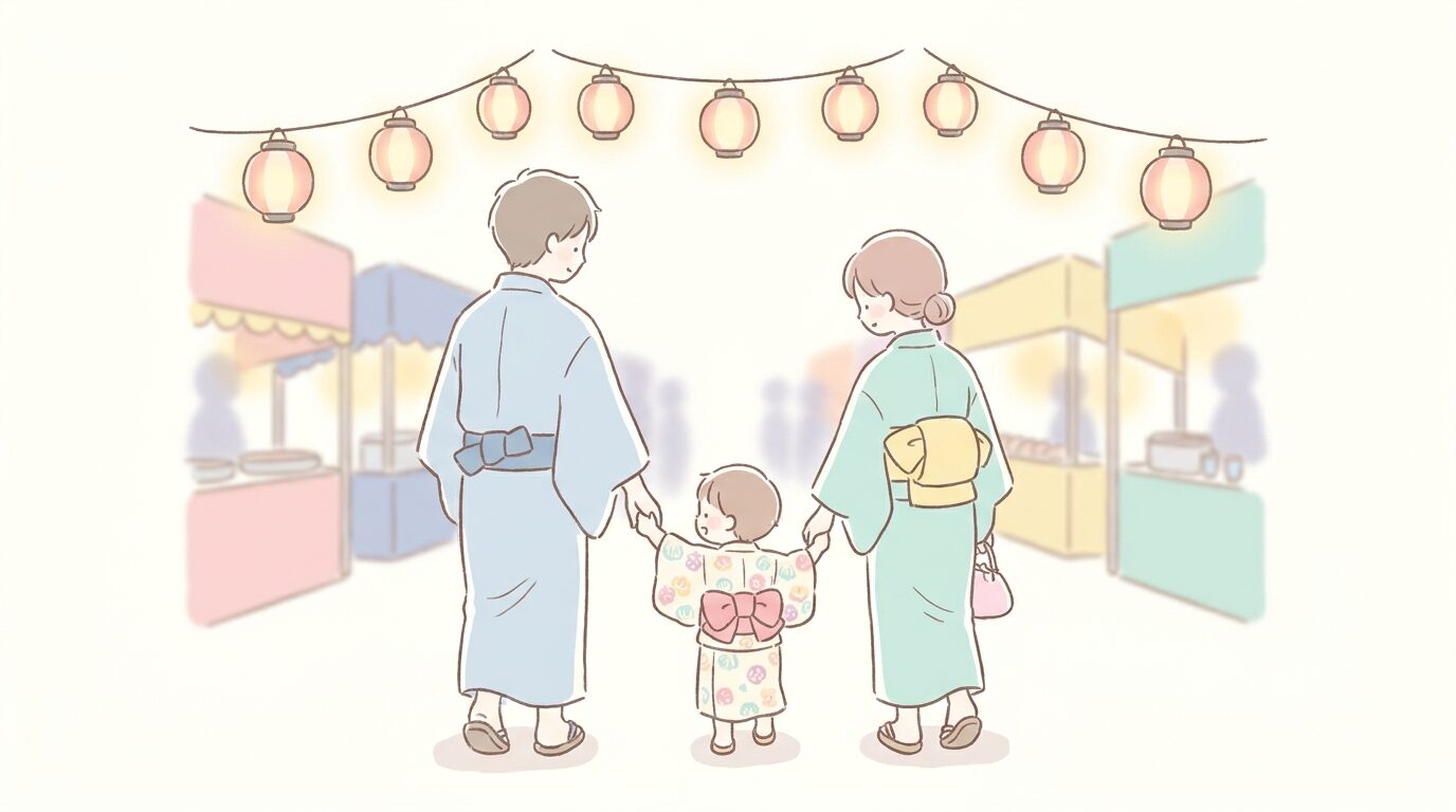 浴衣を着た2歳くらいの子どもと手をつないで夜の夏祭り会場を歩く家族の後ろ姿、提灯の温かい灯りに照らされている