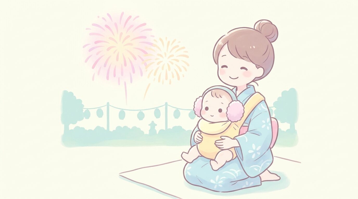 イヤーマフをつけた赤ちゃんを抱っこしながら遠くの花火を眺める母親、穏やかで安心した表情