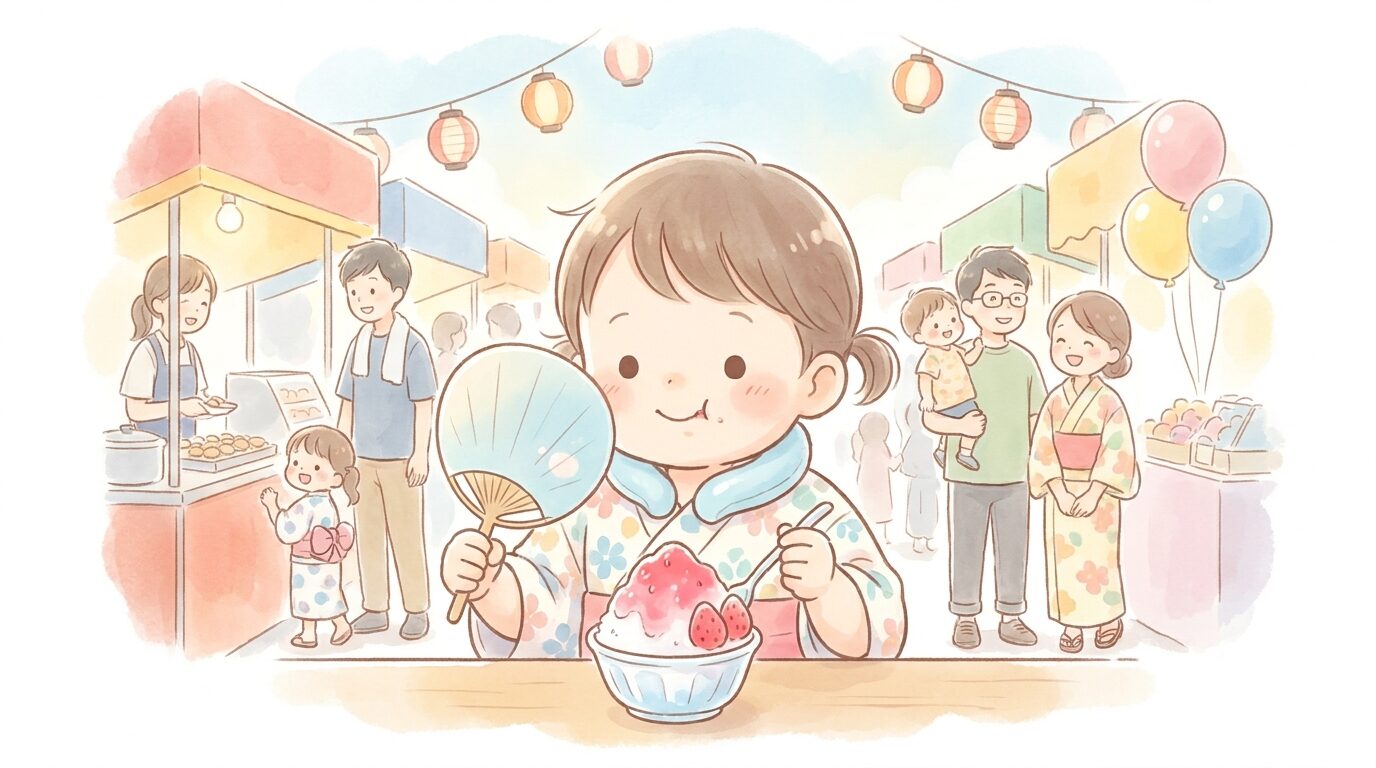 ネッククーラーをつけた幼児がうちわで涼みながら屋台のかき氷を食べている、夏らしい賑やかな雰囲気