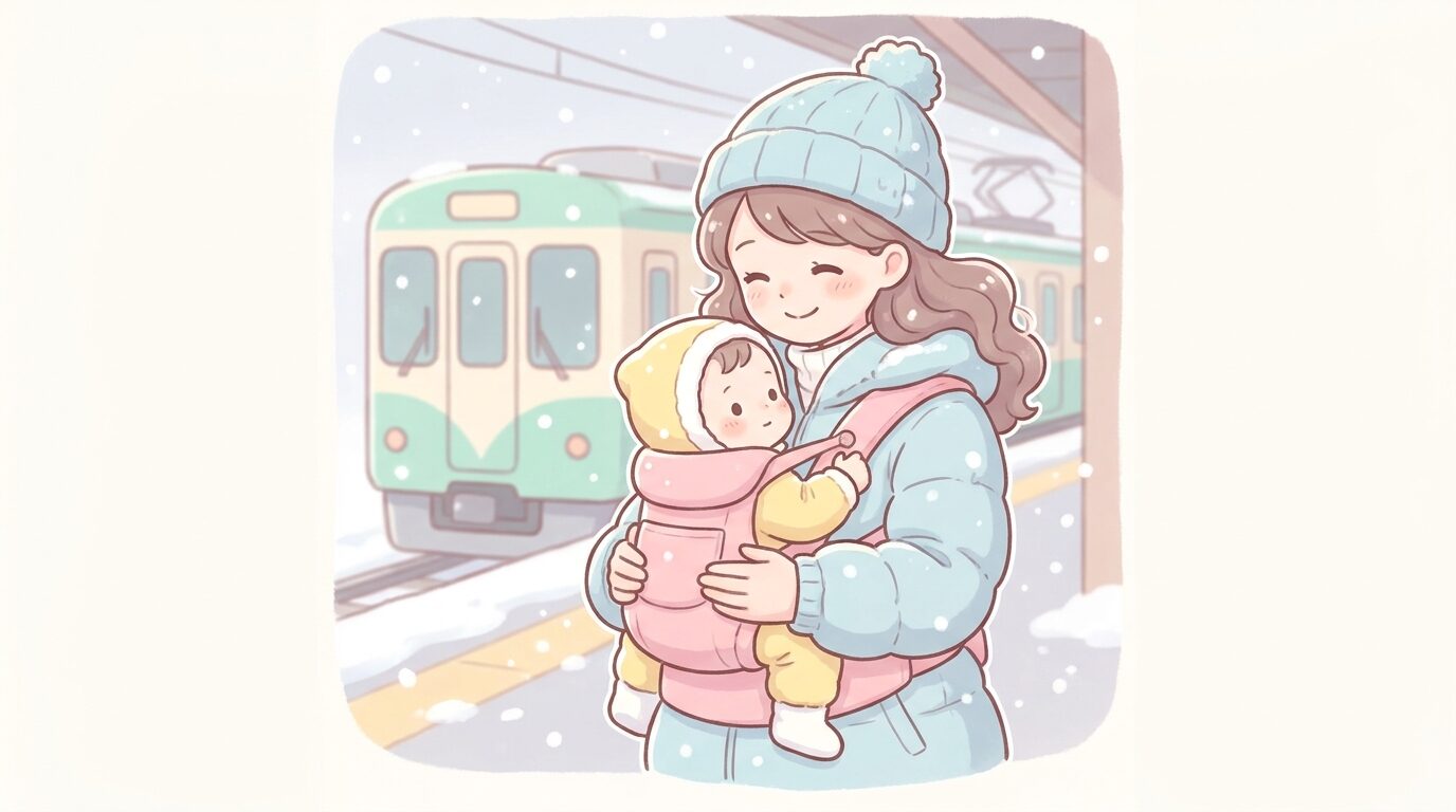 雪の降る駅のホームで防寒着を着た赤ちゃんを抱っこ紐で抱え、笑顔で見つめる母親