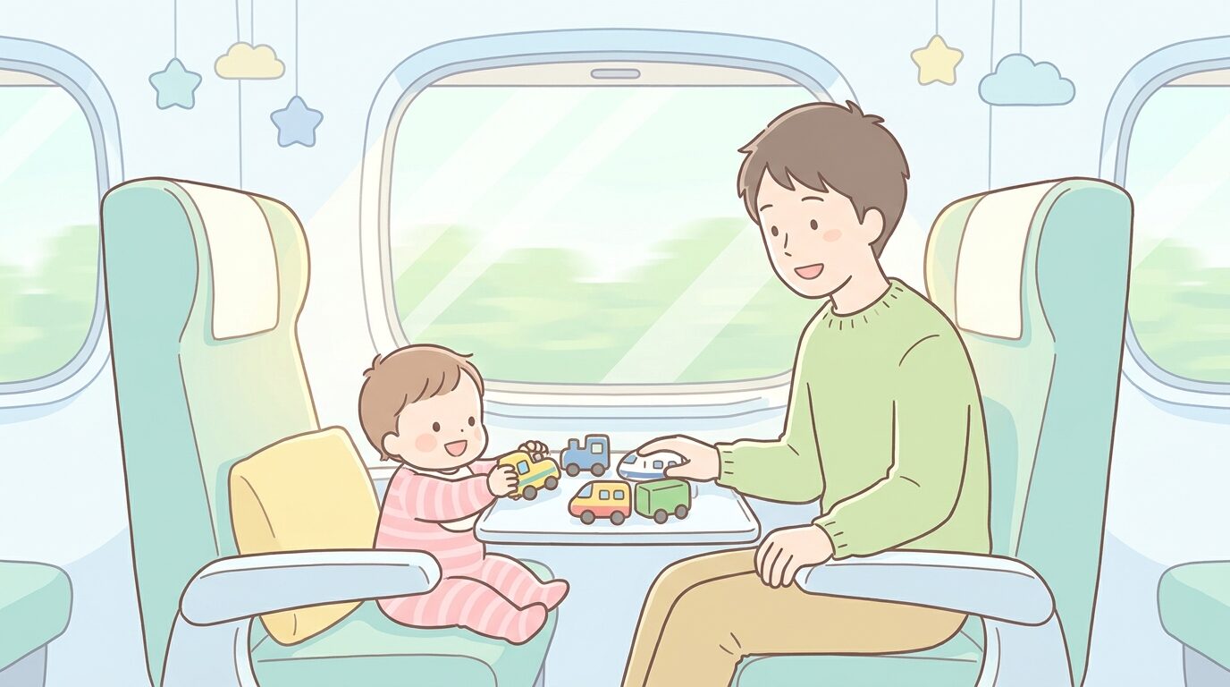 新幹線の車内でおもちゃで遊ぶ1歳くらいの子どもと、隣で笑顔で見守る父親