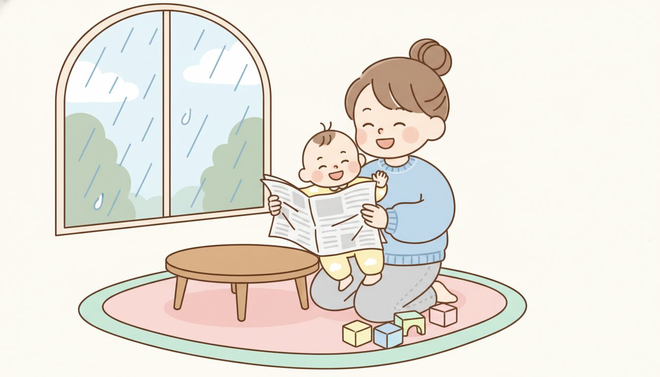 窓の外に雨が降る中、リビングでお母さんと一緒に新聞紙を持って笑う1歳くらいの赤ちゃん