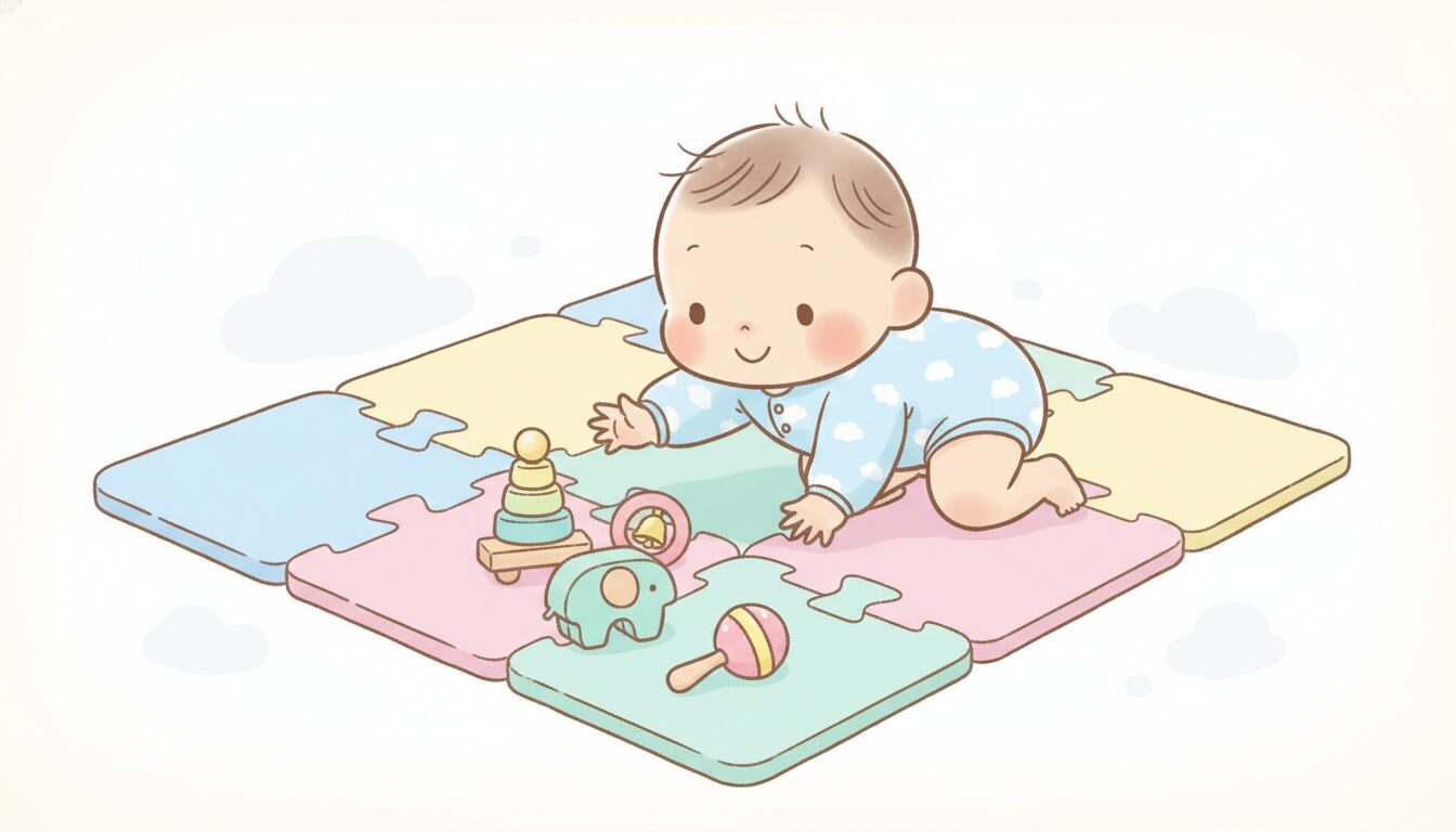 カラフルなマットの上でハイハイしながらおもちゃに手を伸ばす生後10か月ごろの赤ちゃん